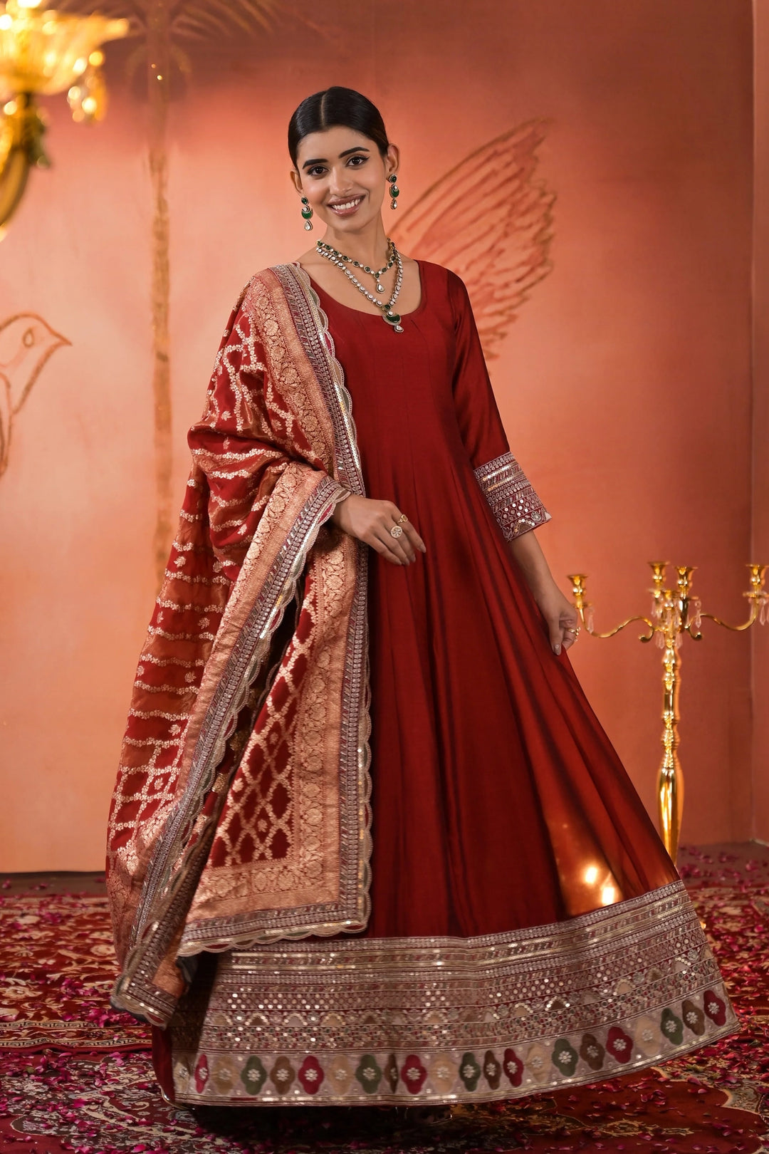 Buy Maroon Embellished Silk Anarkali Set Online PinkPhulkari