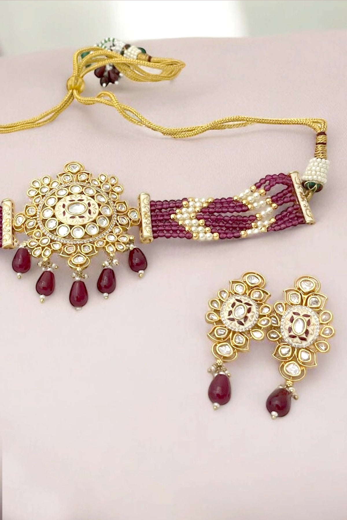 Buy Kundan Polki & Pearl Maroon Enameled Choker Necklace Set  