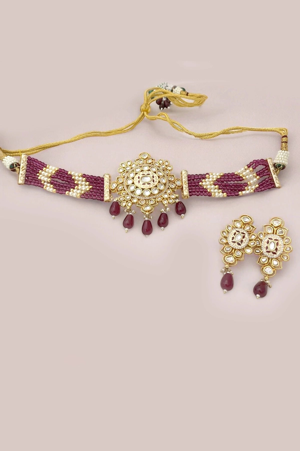 Buy Kundan Polki & Pearl Maroon Enameled Choker Necklace Set  