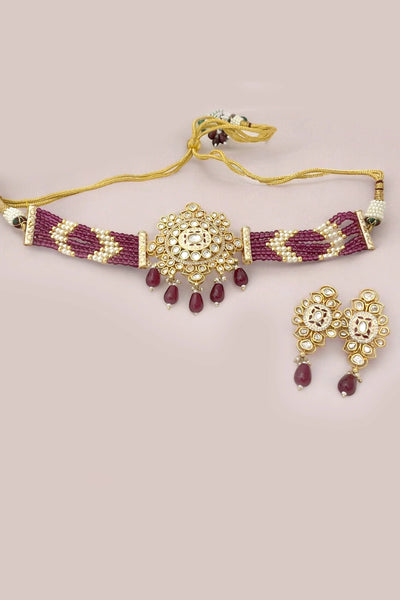 Buy Kundan Polki & Pearl Maroon Enameled Choker Necklace Set  