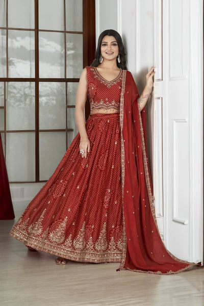 Buy Women's Maroon Bandhani Embroidered Lehenga Set