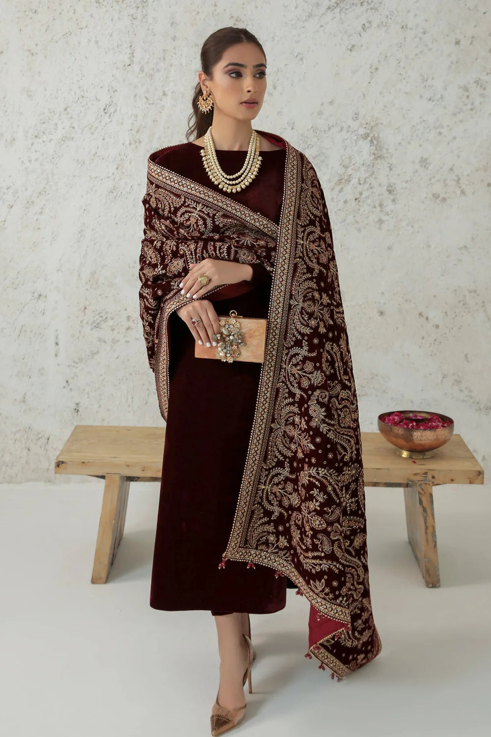 Buy Designer Embroidered Maroon Velvet Shawl at PinkPhulkari 