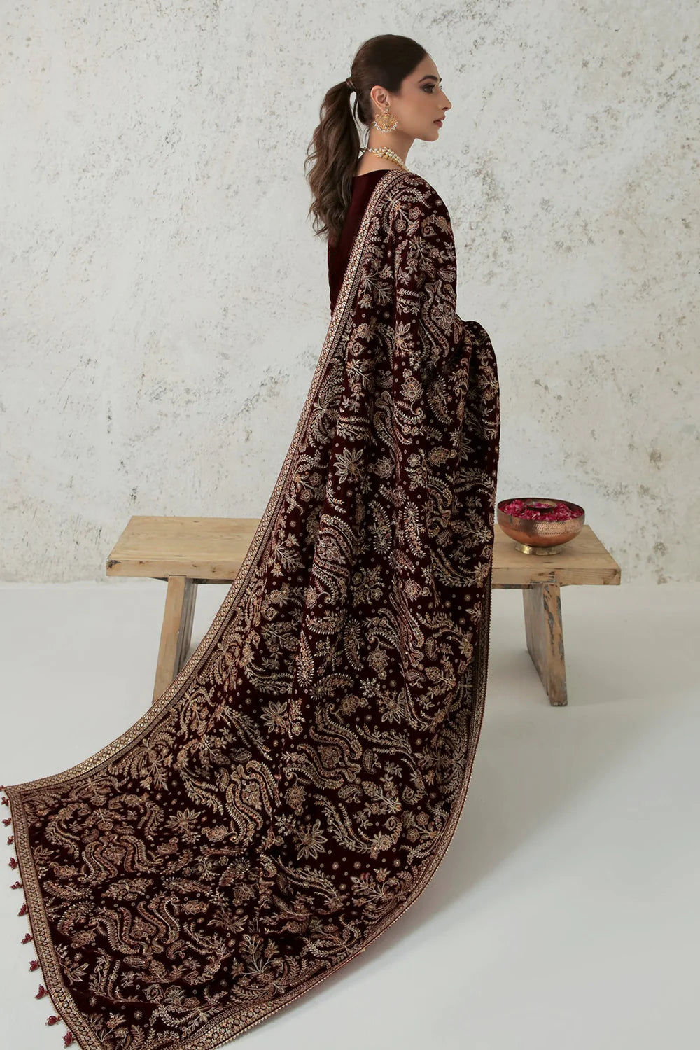 Buy Designer Embroidered Maroon Velvet Shawl at PinkPhulkari 