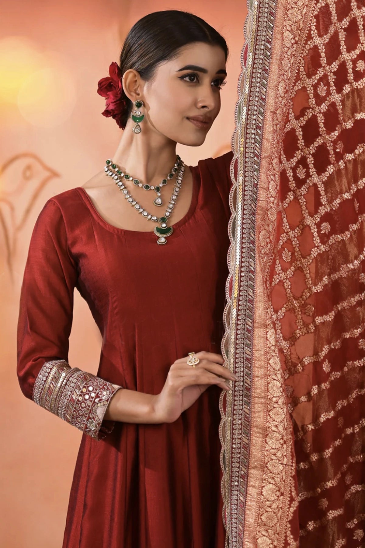 Maroon Embellished Silk Anarkali Set at PinkPhulkari California