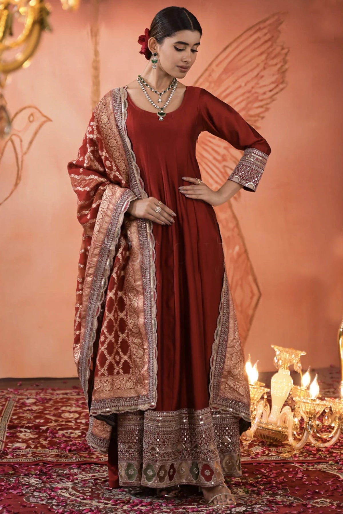 Maroon Embellished Silk Anarkali Set at PinkPhulkari California