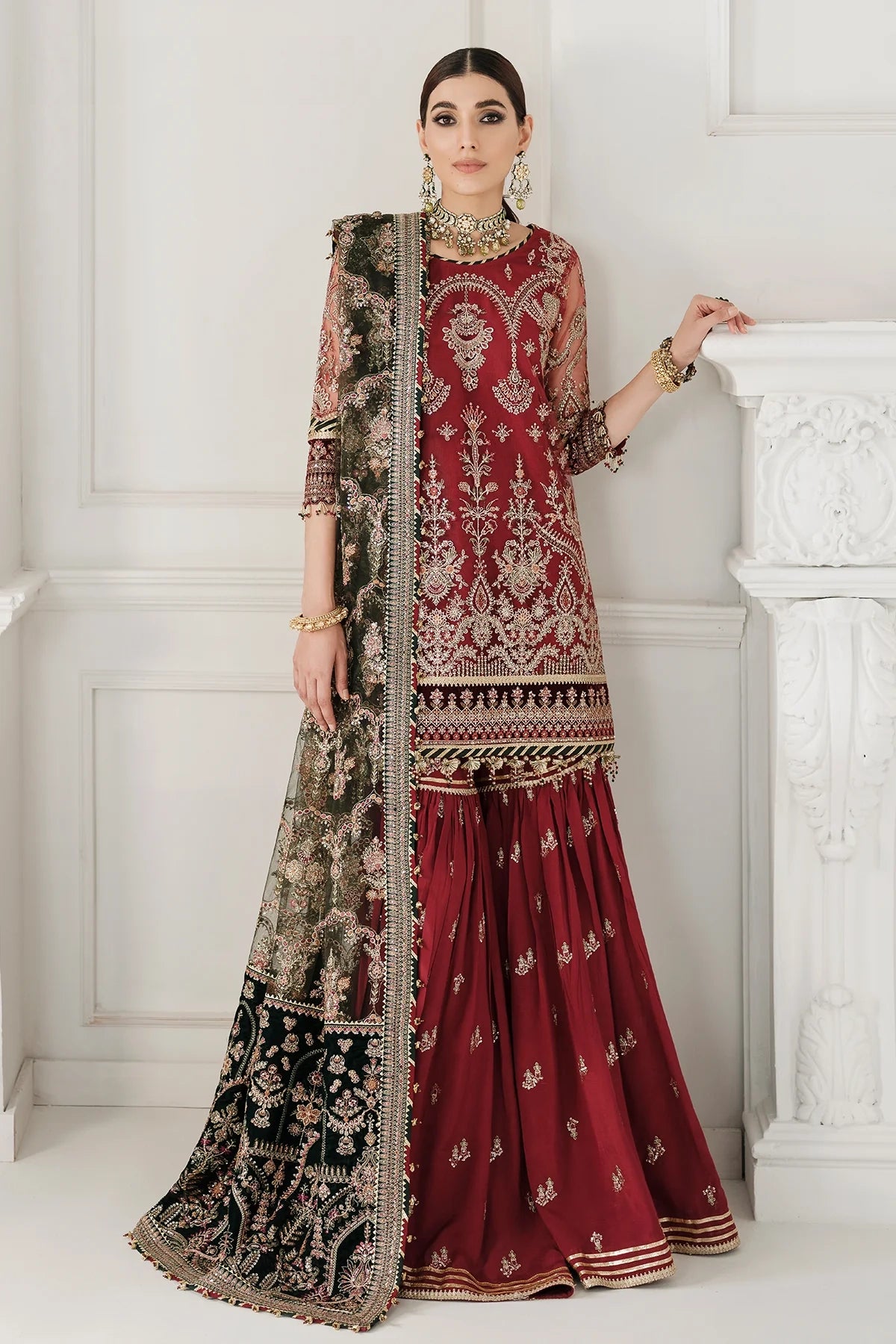 Maroon Embroidered Designer Gharara Style Suit