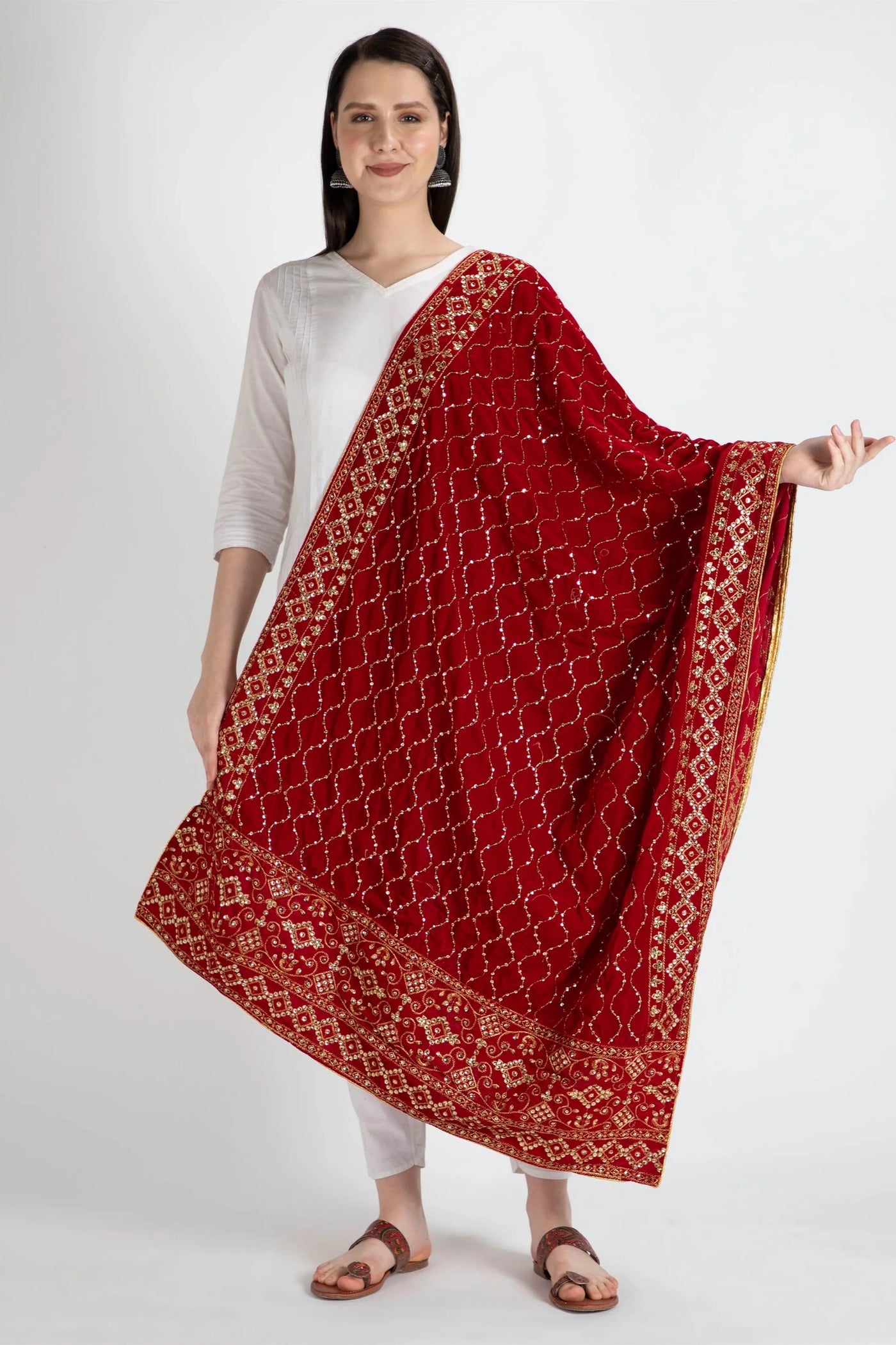 Maroon Embroidered Velvet Shawl D2 at PinkPhulkari California