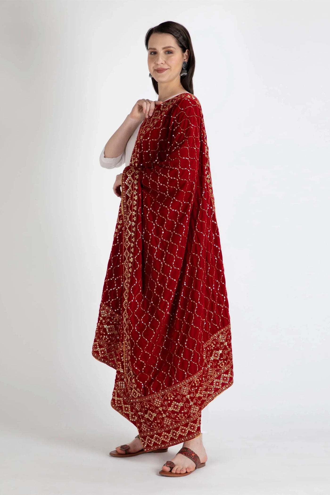 Maroon Embroidered Velvet Shawl D2 at PinkPhulkari California