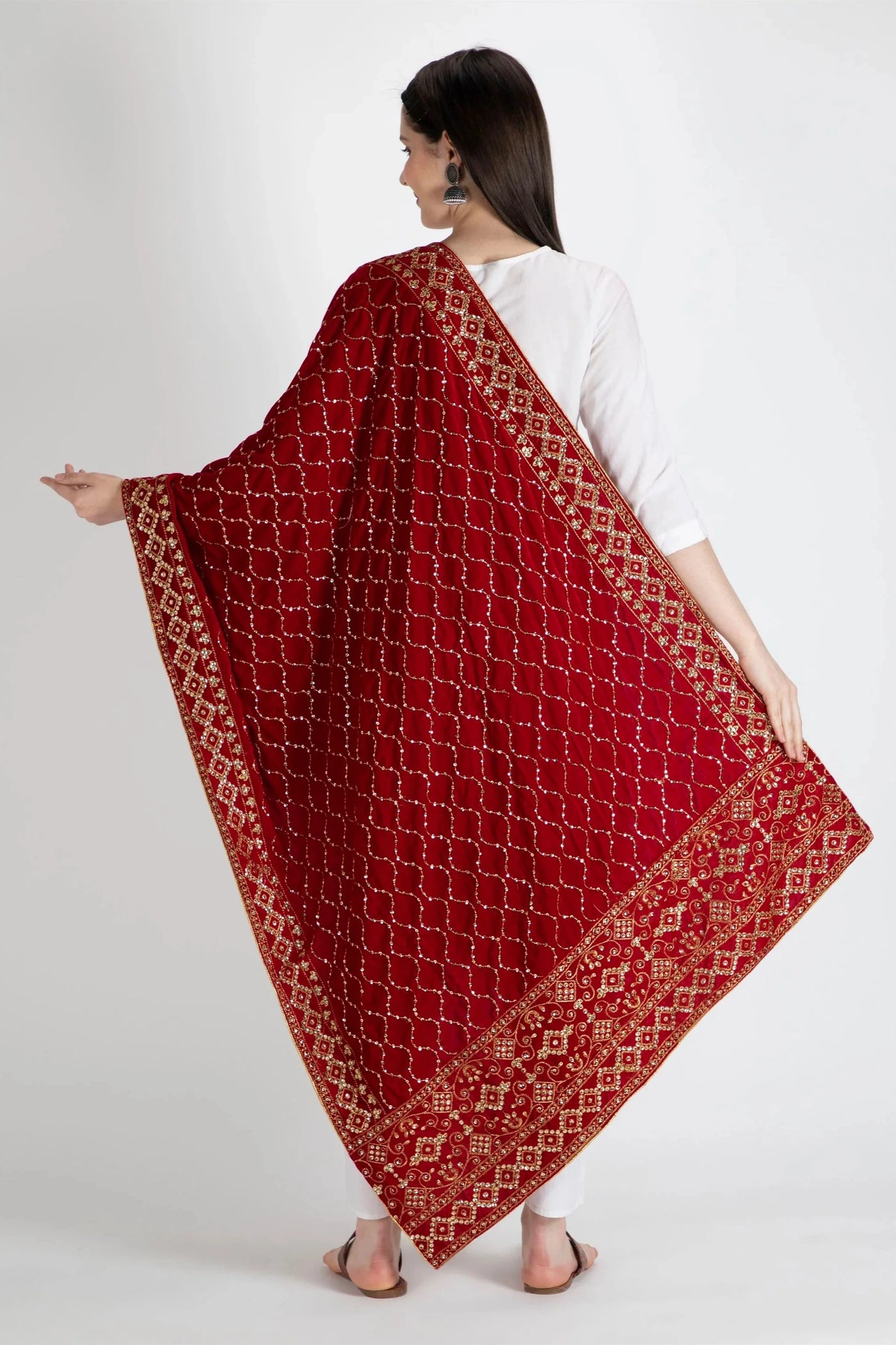 Maroon Embroidered Velvet Shawl D2 at PinkPhulkari California