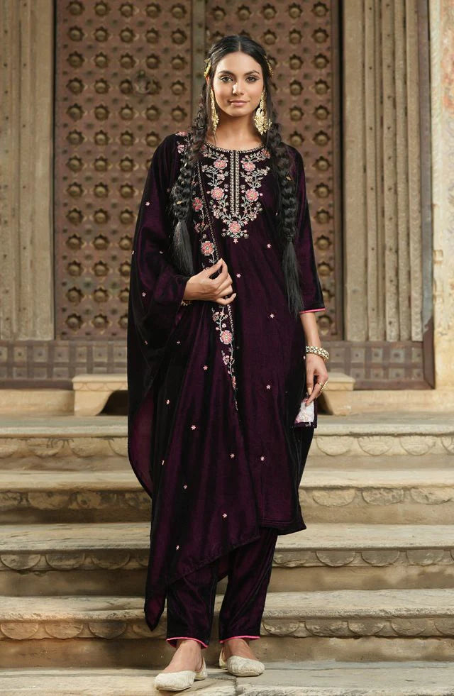 Buy Maroon Velvet Embroidered Kurta Set at PinkPhulkari California