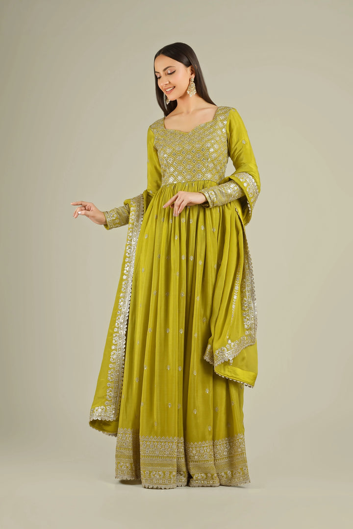 slim fit dress slacks Mehendi Green Embroidered Anarkali main image 0
