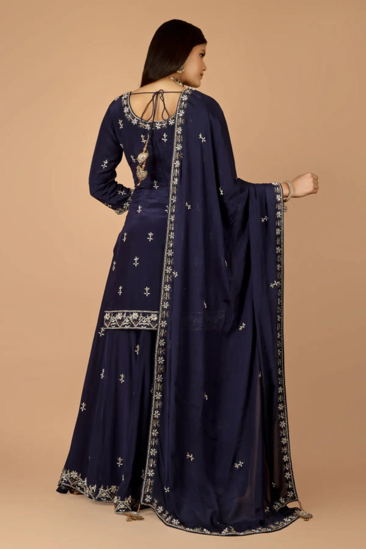 【クリーニング済】yori ギンガムスカラップカラー(NAVY) Buy Navy Premium Crepe Silk Hand-Embroidered Luxury Sharara Suit