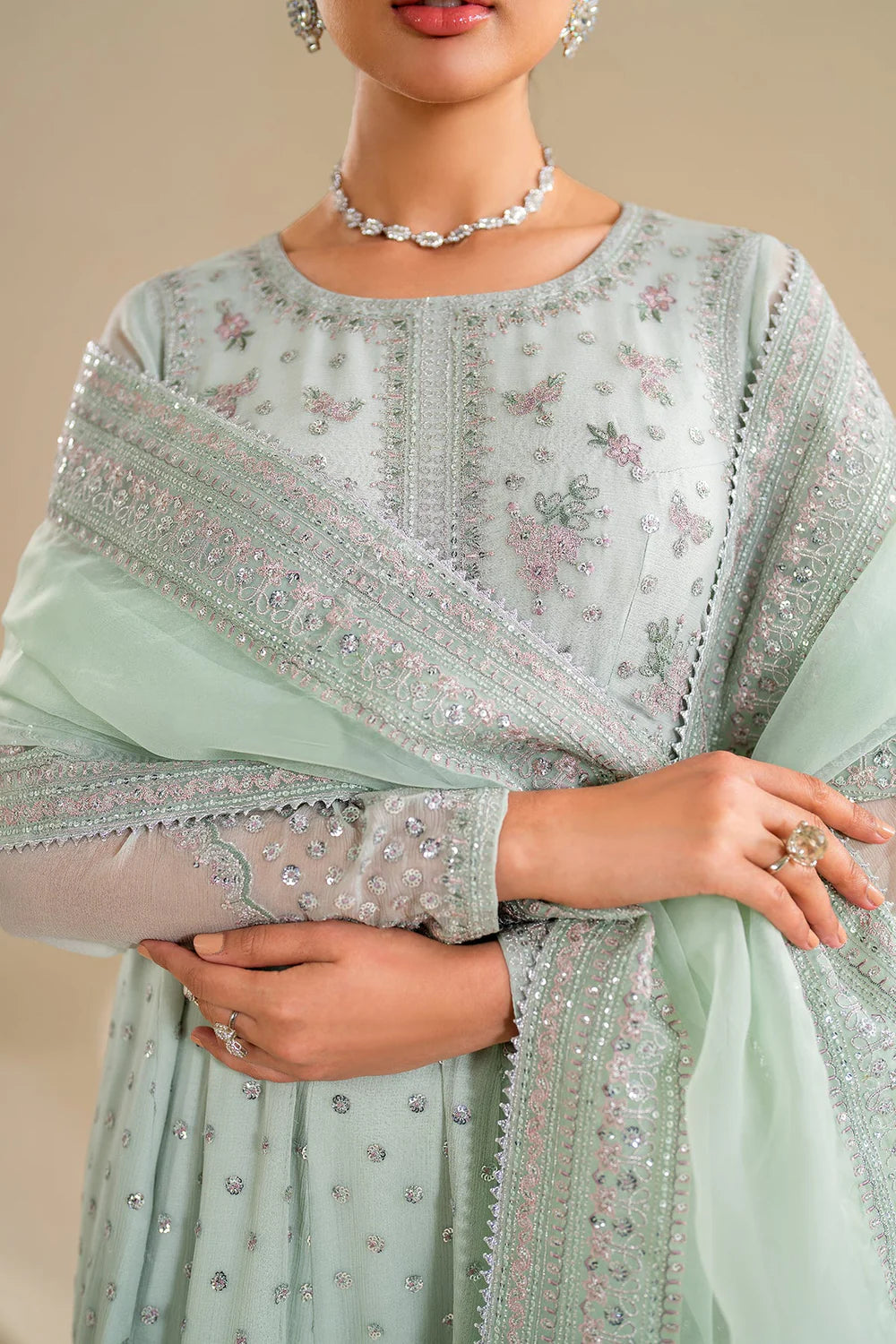 Buy Mint Green Embroidered Chiffon Anarkali Set at PinkPhulkari