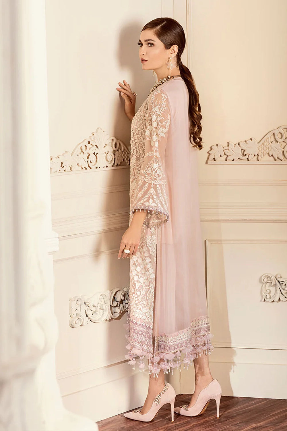 Buy Blush Pink Embroidered Chiffon Jacket Palazzo Set at PinkPhulkari