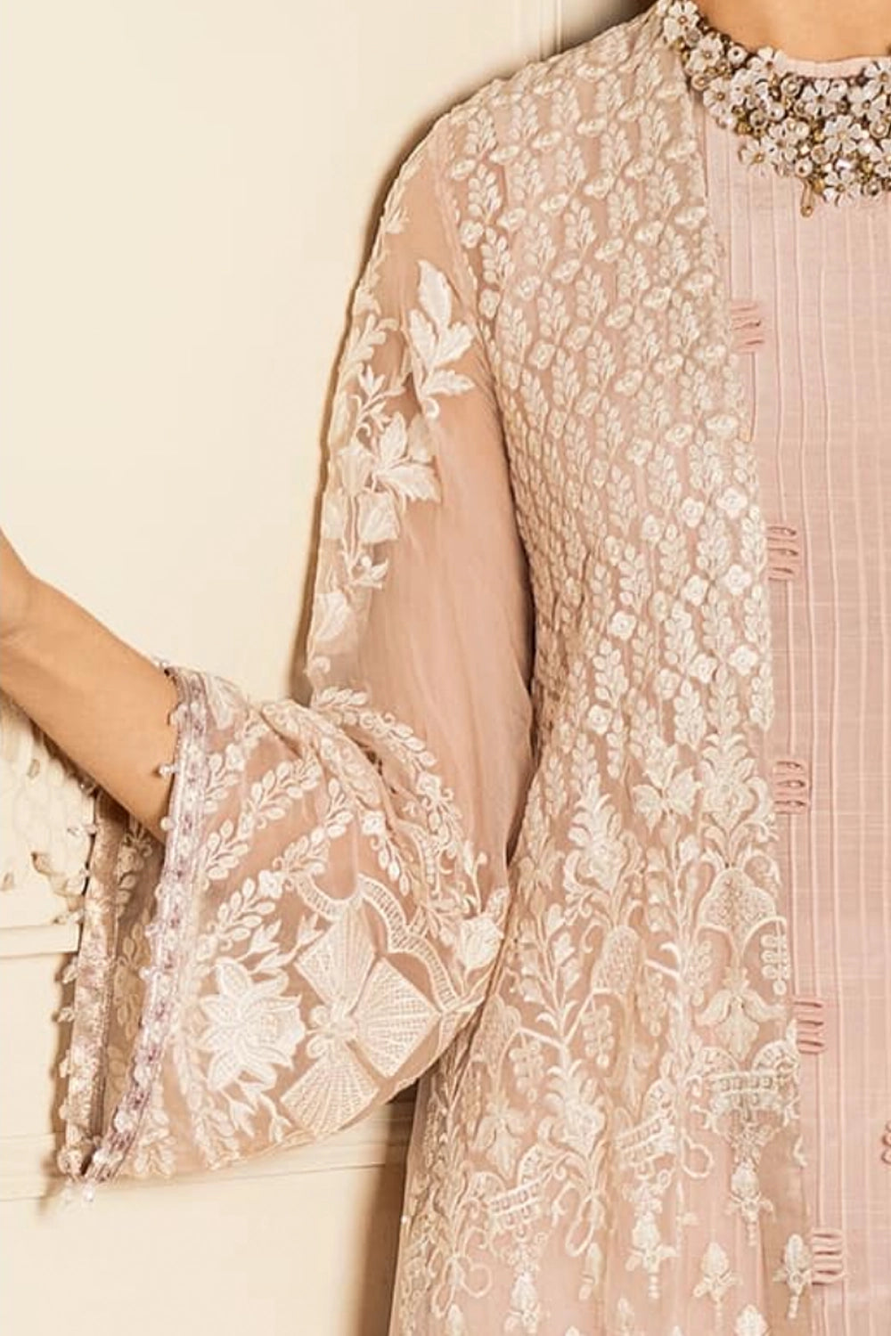 Buy Blush Pink Embroidered Chiffon Jacket Palazzo Set at PinkPhulkari