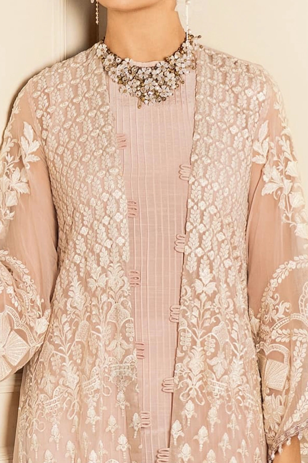 Buy Blush Pink Embroidered Chiffon Jacket Palazzo Set at PinkPhulkari