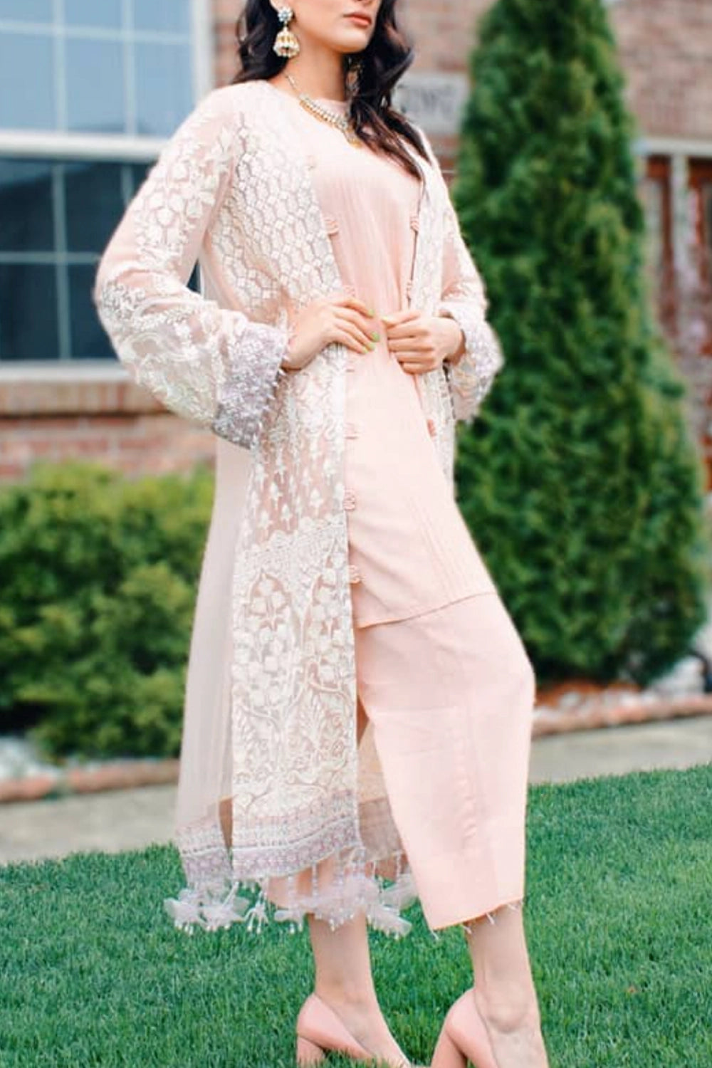 Buy Blush Pink Embroidered Chiffon Jacket Palazzo Set at PinkPhulkari