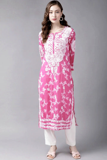 Mulmul Cotton Lucknowi Kurta in Hot Pink at PinkPhulkari California