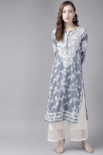 Buy Women's Cotton Lucknowi Kurta in Gray at PinkPhulkari California