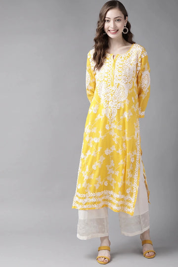 Buy Yellow Cotton Lucknowi Chikankari Kurta at PinkPhulkari California