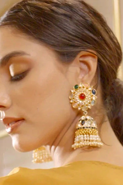 Buy Gold Finish Kundan Polki Navratan Stones Jhumka Earrings Buy Gold Finish Kundan Polki Navratan Stones Jhumka Earrings 