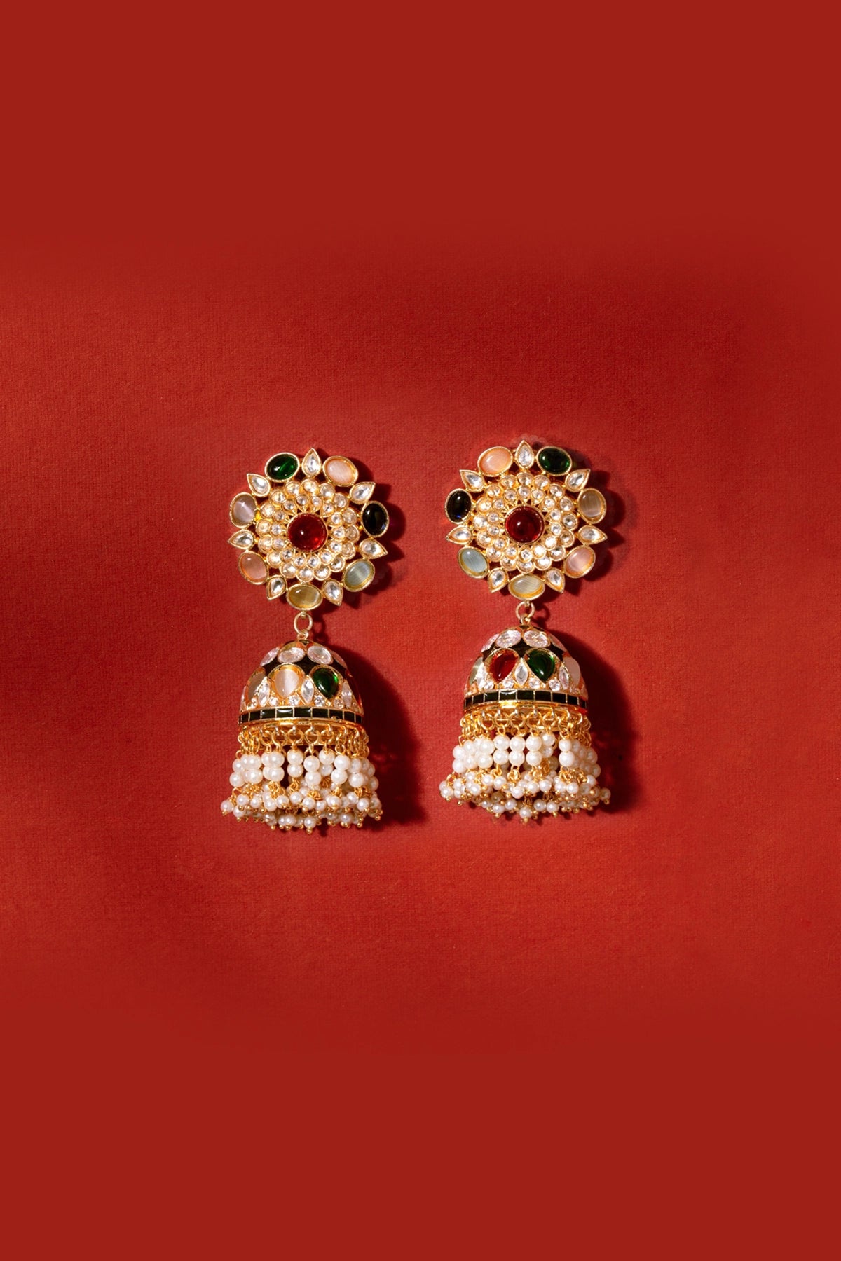 Buy Gold Finish Kundan Polki Navratan Stones Jhumka Earrings 
