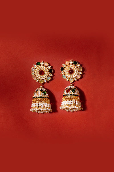 Buy Gold Finish Kundan Polki Navratan Stones Jhumka Earrings Buy Gold Finish Kundan Polki Navratan Stones Jhumka Earrings 