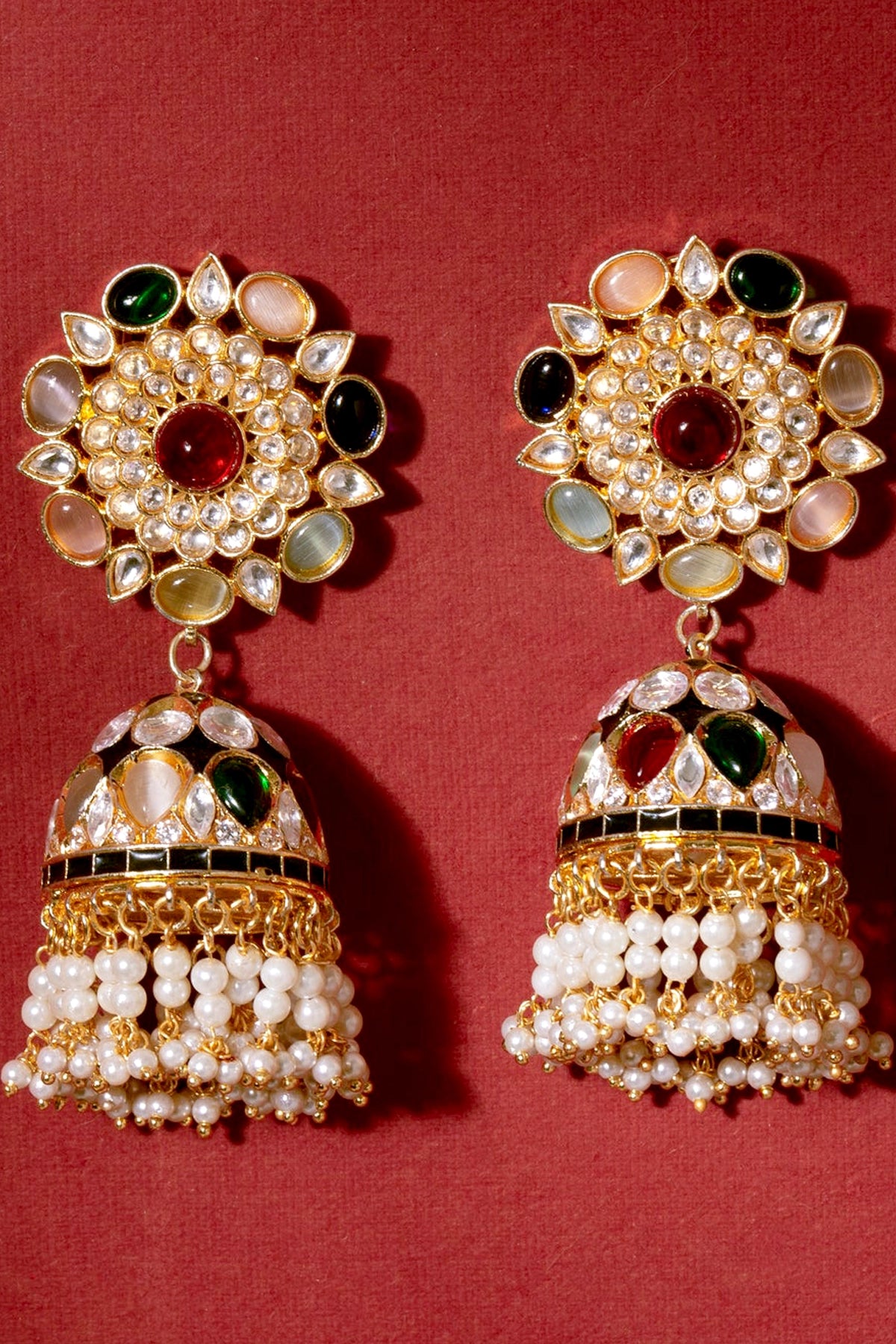 Buy Gold Finish Kundan Polki Navratan Stones Jhumka Earrings 