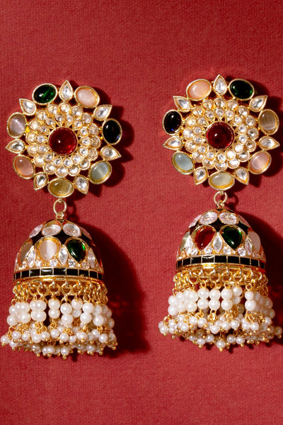 Buy Gold Finish Kundan Polki Navratan Stones Jhumka Earrings Buy Gold Finish Kundan Polki Navratan Stones Jhumka Earrings 