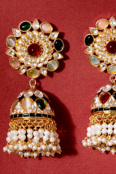 Buy Gold Finish Kundan Polki Navratan Stones Jhumka Earrings Buy Gold Finish Kundan Polki Navratan Stones Jhumka Earrings 