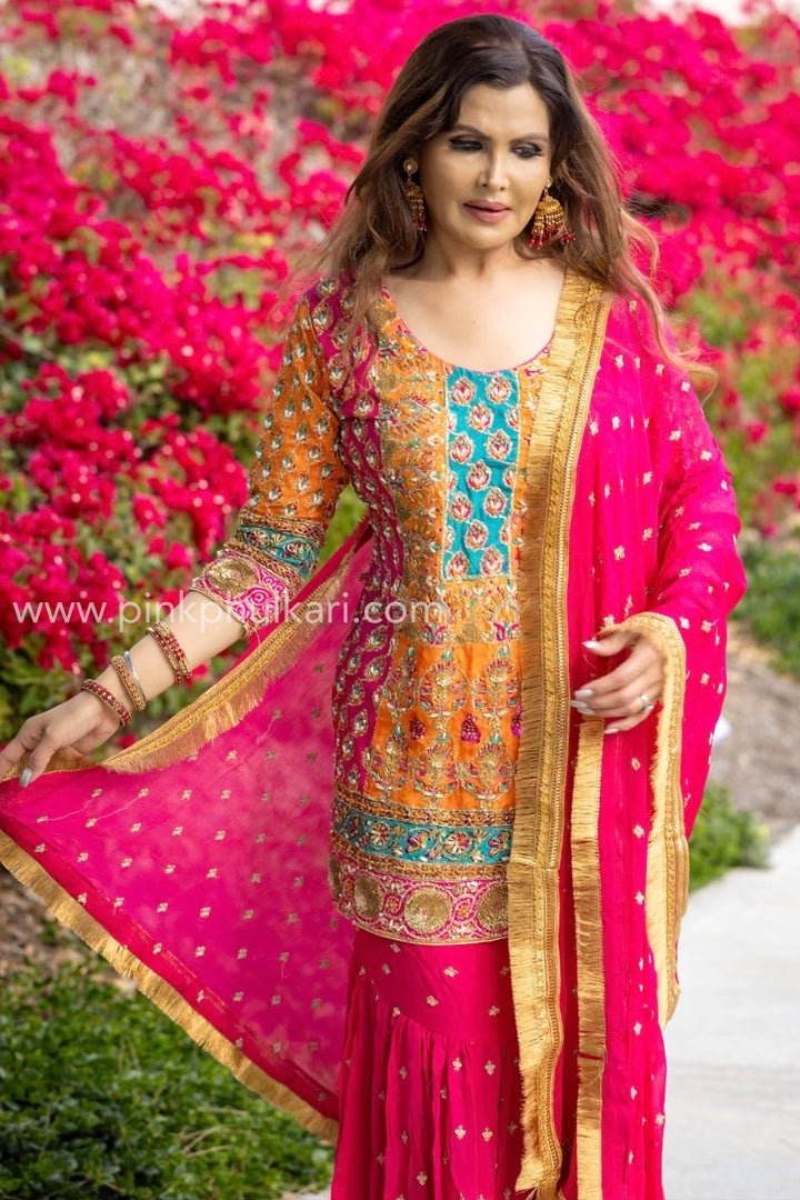Buy Multicolor Hand Embroidered Sharara Set Online PinkPhulkari