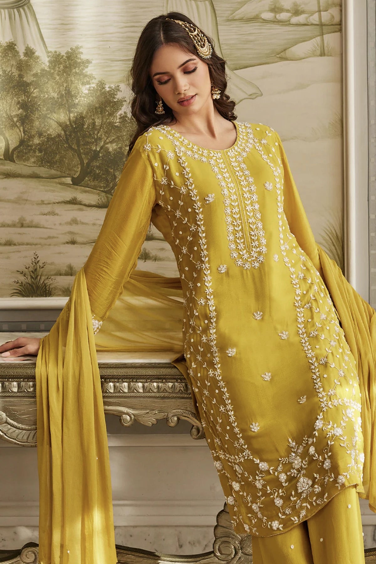 Mustard Yellow Embroidered Chinon Silk Kurta Palazzo Set