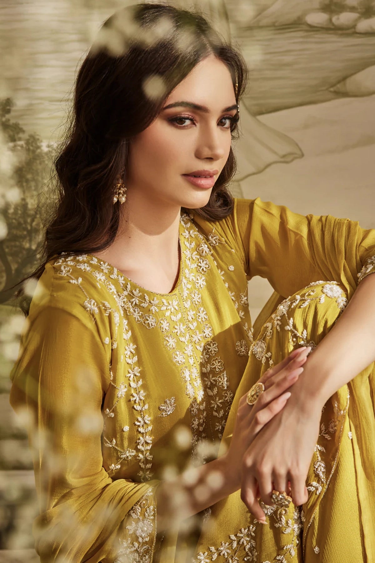 Mustard Yellow Embroidered Chinon Silk Kurta Palazzo Set