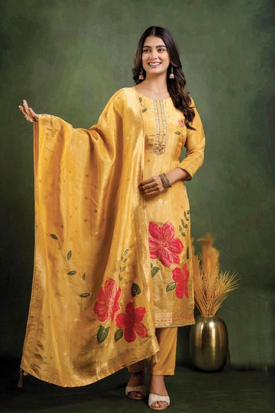 Buy Mustard Yellow Silk Print & Embroidered Kurta Set at PinkPhulkari