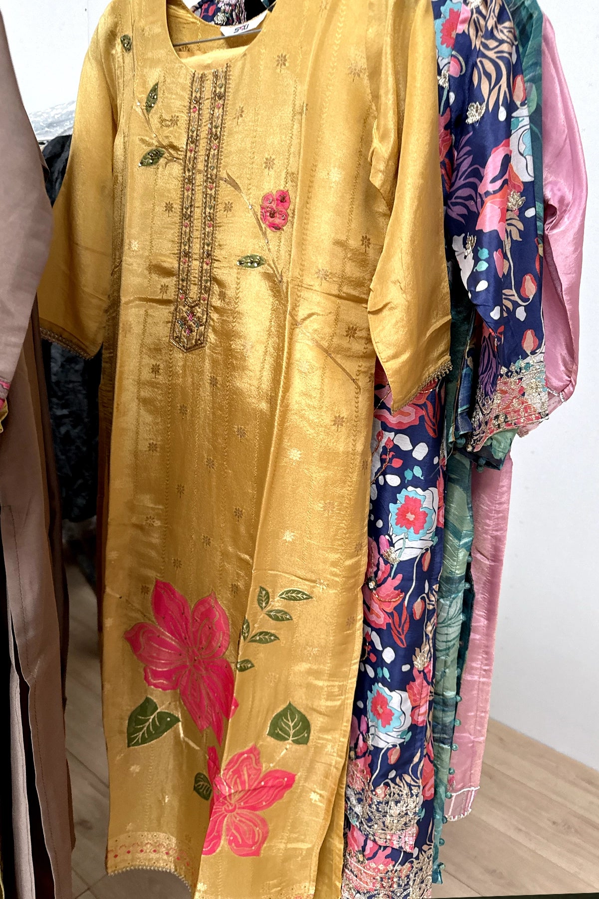 Buy Mustard Yellow Silk Print & Embroidered Kurta Set at PinkPhulkari