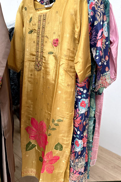 Buy Mustard Yellow Silk Print & Embroidered Kurta Set at PinkPhulkariBuy Mustard Yellow Silk Print & Embroidered Kurta Set at PinkPhulkari