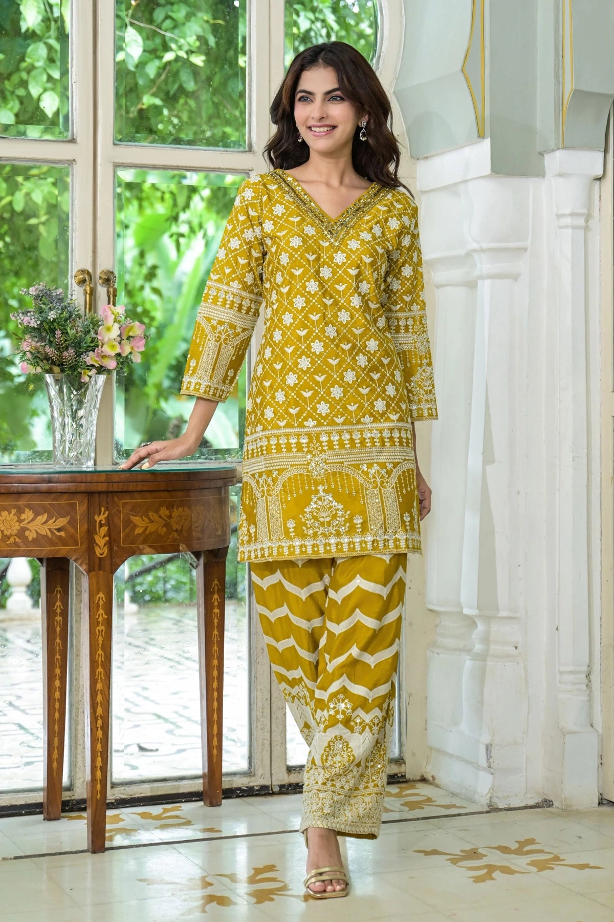 Buy Mustard Yellow Embroidered Co-ord Set at PinkPhulkari California