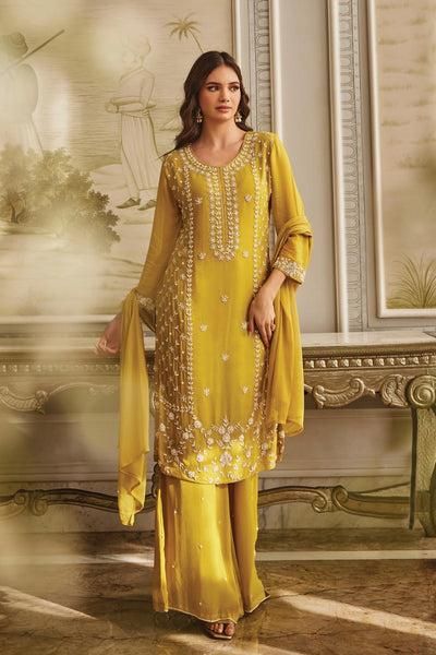 Buy Mustard Yellow Embroidered Chinon Silk Kurta Palazzo Set 