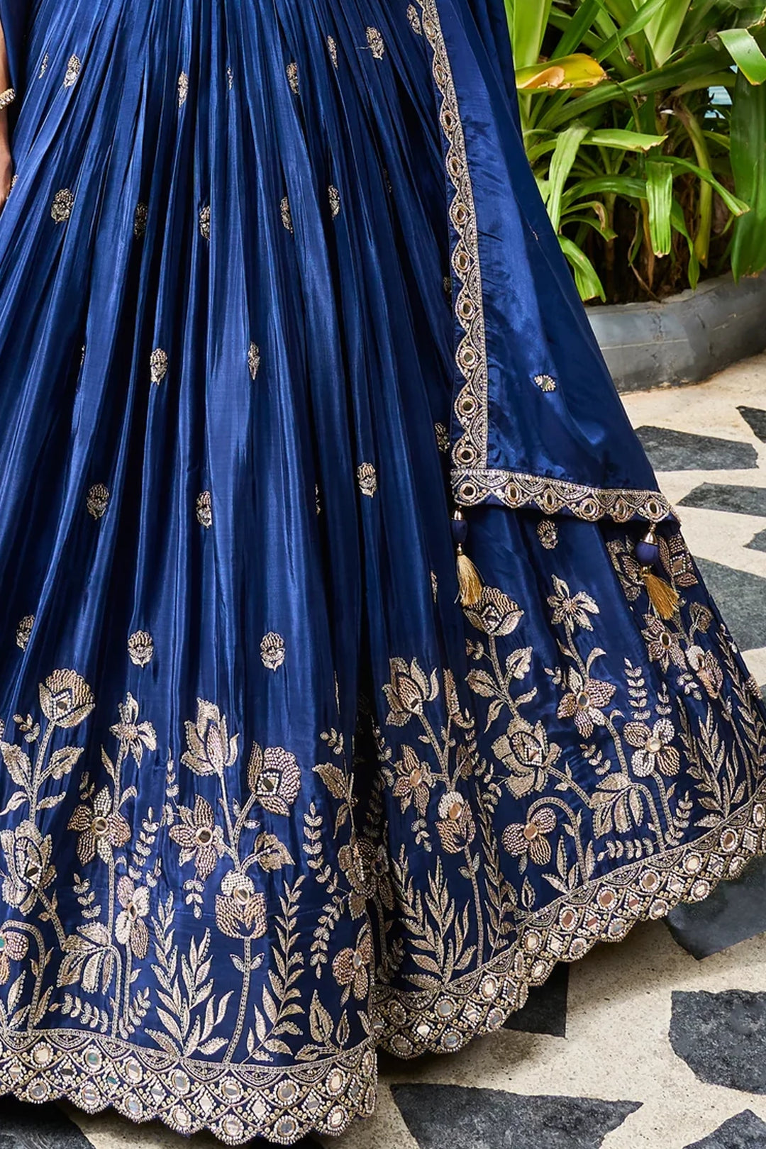 navy blue pakistani bridal dresses Navy Blue Satin Crepe Mirror Work Lehenga Choli Set, Silk / 3XL(46) / Navy