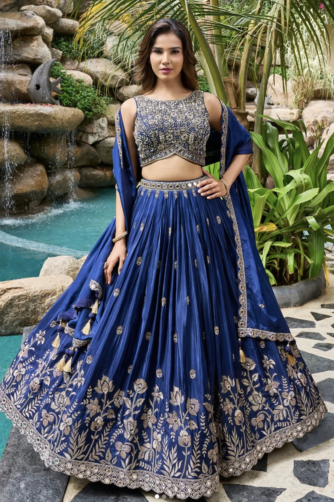 Buy Navy Blue Satin Crepe Mirror Work Lehenga Choli Set Online