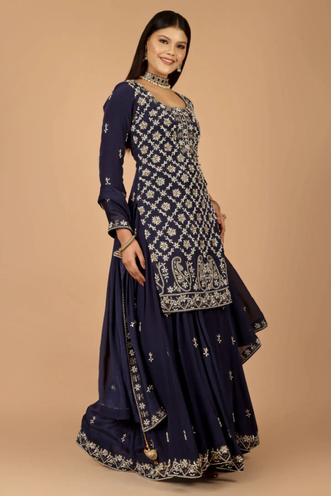 Buy Navy Premium Crepe Silk Hand-Embroidered Luxury Sharara Suit Online | PinkPhulkari California Buy Navy Premium Crepe Silk Hand-Embroidered Luxury Sharara Suit Online | PinkPhulkari California