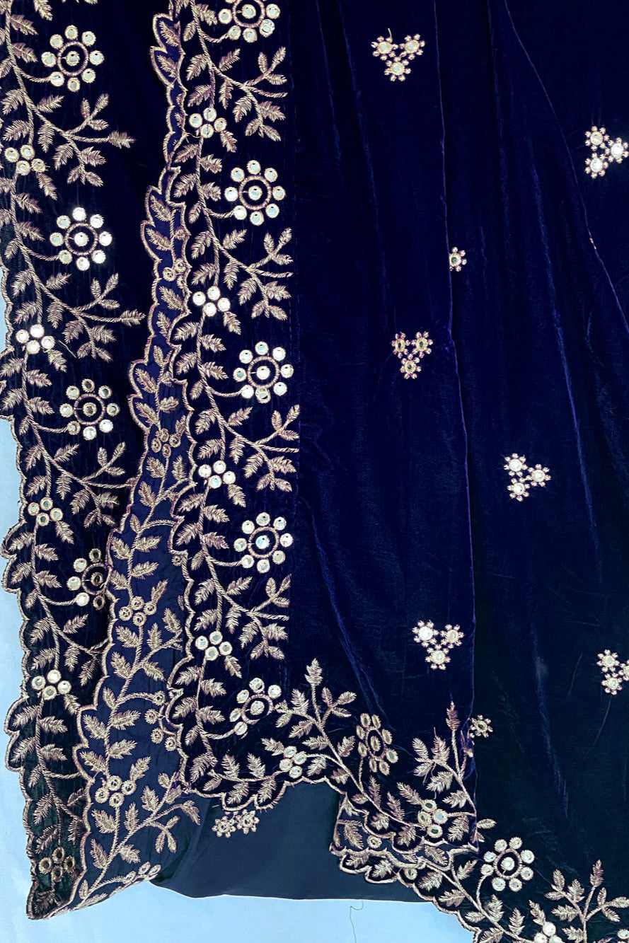 Buy Navy Embroidered Velvet Shawl at PinkPhulkari California