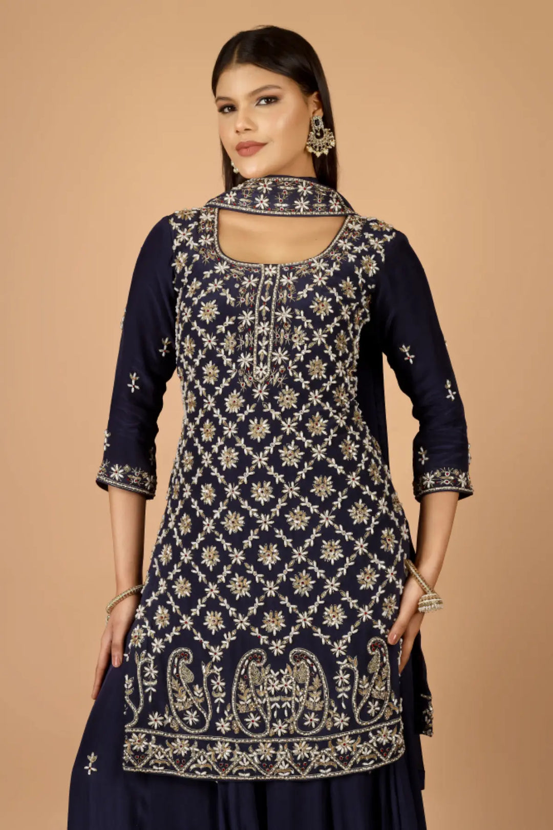 Buy Navy Premium Crepe Silk Hand-Embroidered Luxury Sharara Suit