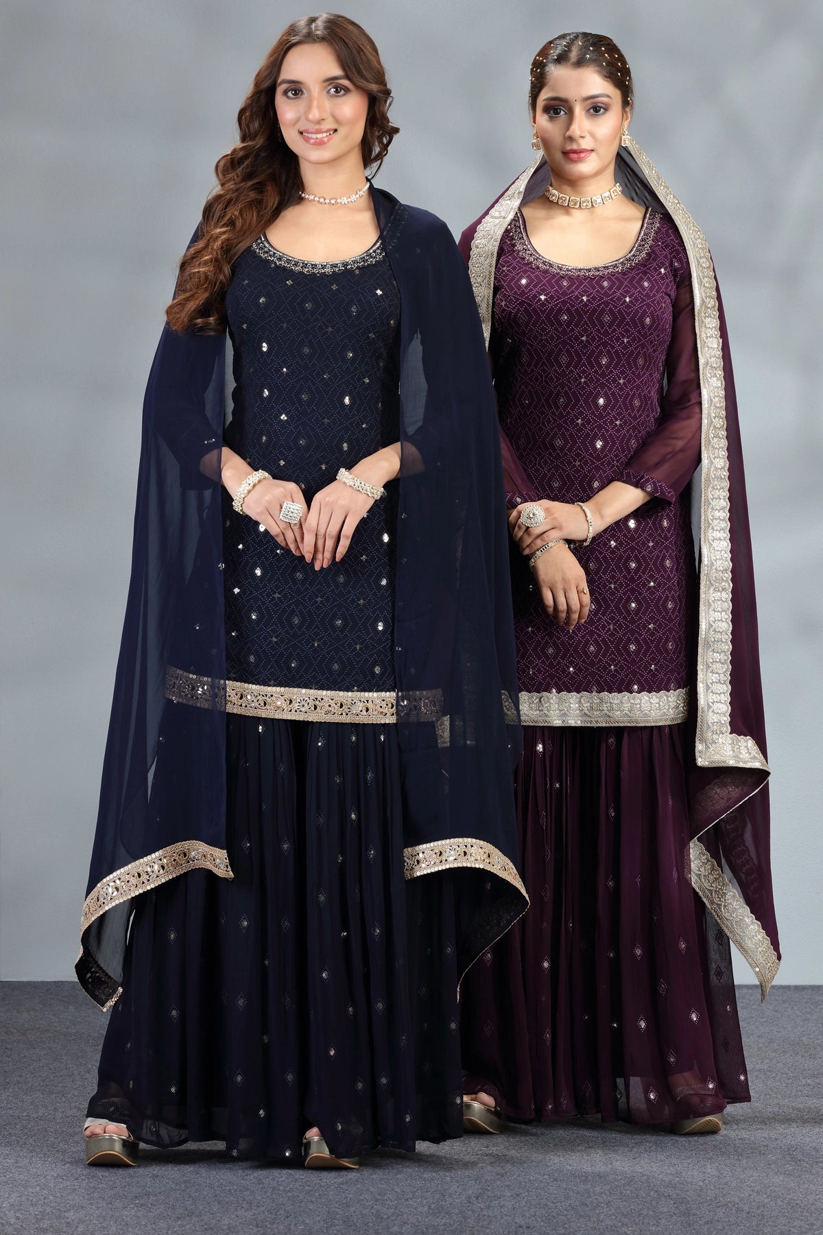 Buy Navy Embroidered Georgette Gharara Style Suit at PinkPhulkari 