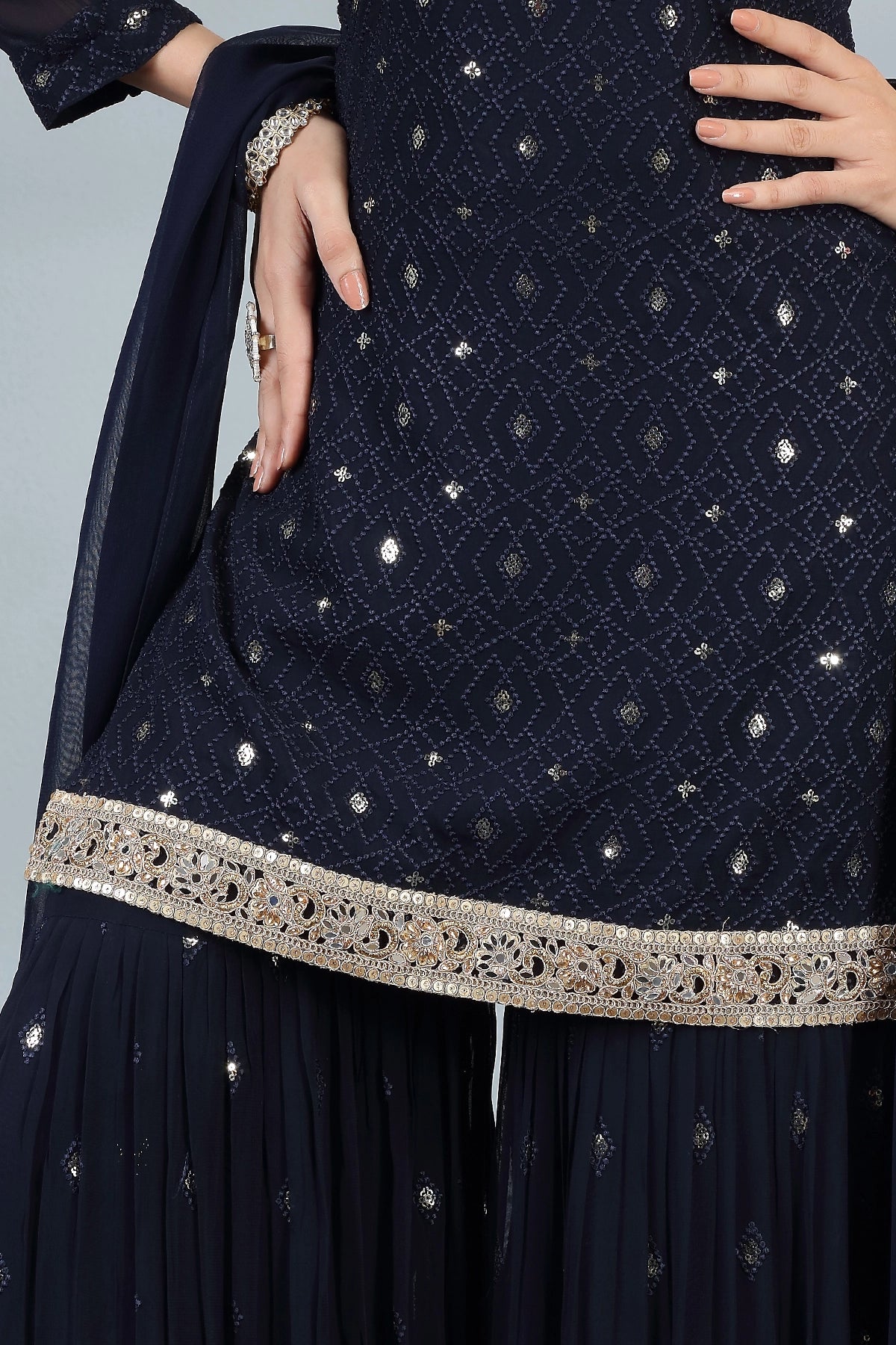 Buy Navy Embroidered Georgette Gharara Style Suit at PinkPhulkari 