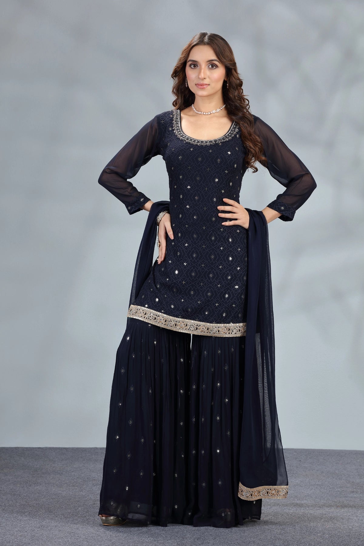 Buy Navy Embroidered Georgette Gharara Style Suit at PinkPhulkari 