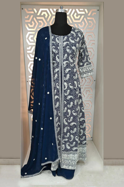 Buy Women's Navy Embroidered Georgette Front Slit Palazzo Style Anarkali Set