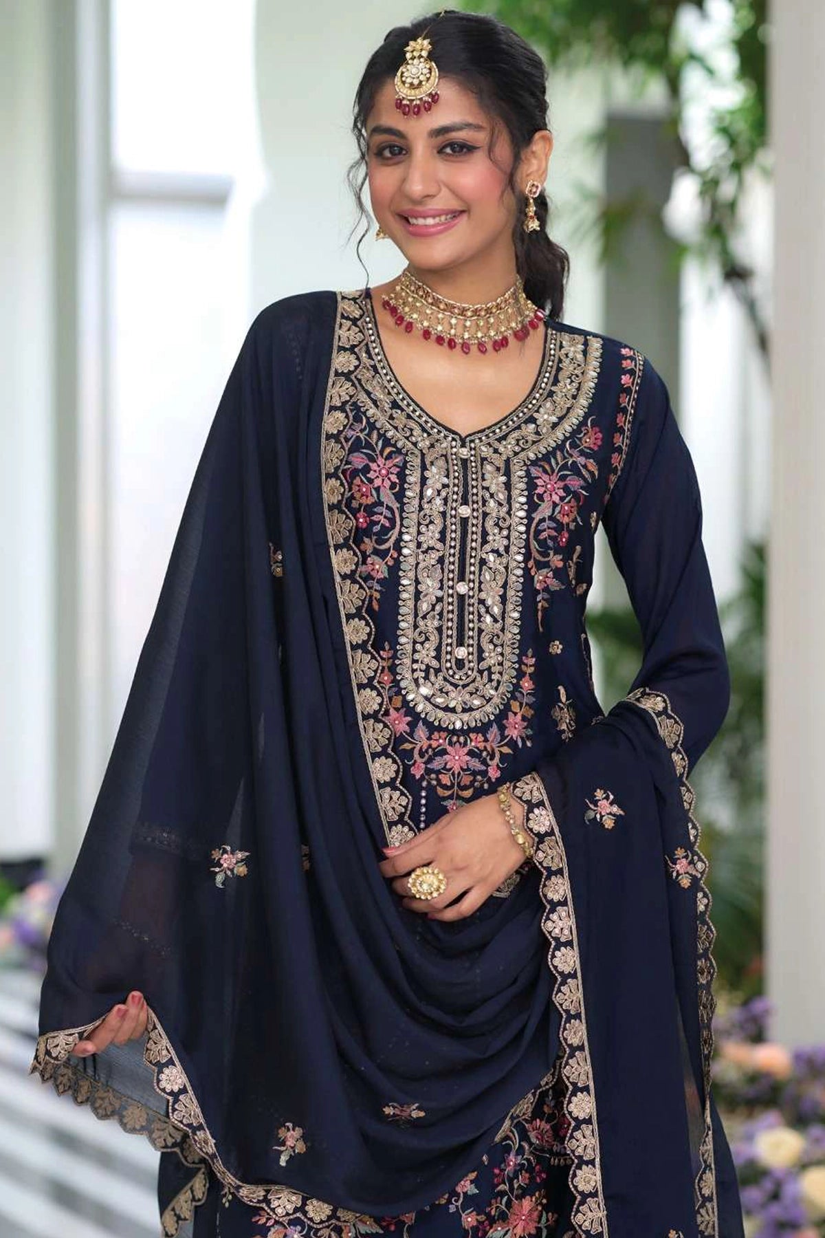 Buy Navy Chinon Silk Embroidered Palazzo Style Suit at PinkPhulkari 