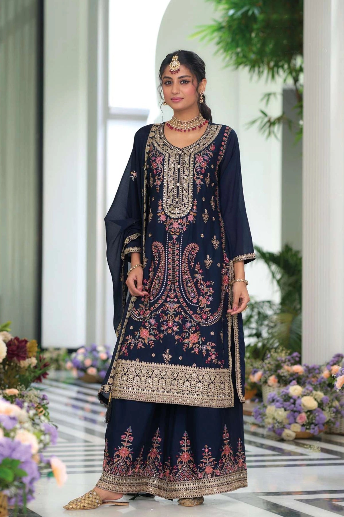 Buy Navy Chinon Silk Embroidered Palazzo Style Suit at PinkPhulkari 