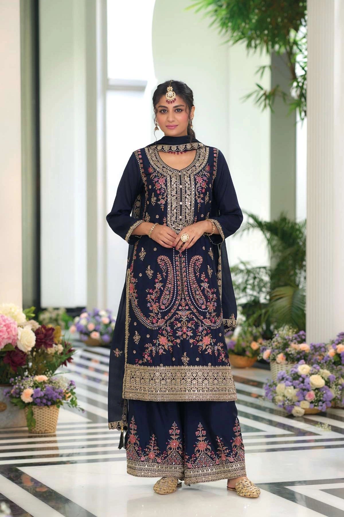 Buy Navy Chinon Silk Embroidered Palazzo Style Suit at PinkPhulkari 